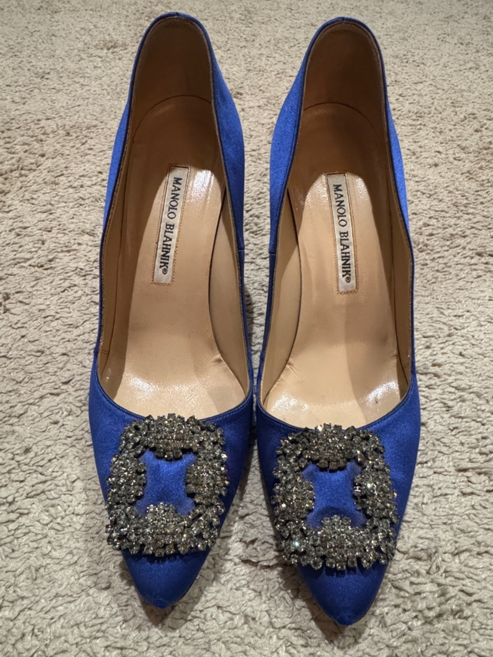 Manolo Blahnik Hangisi Royal Blue Satin Pointed Toe Pumps with Crystal Emb.